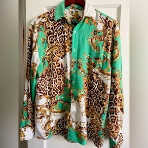 Fashion Nova Green and Brown Patterned Shirt